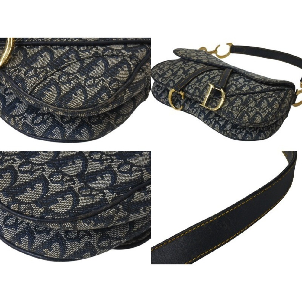 Dior Christian Double Canvas Saddle Trotter Blue Leather Bag Gold Navy - Picture 5 of 8
